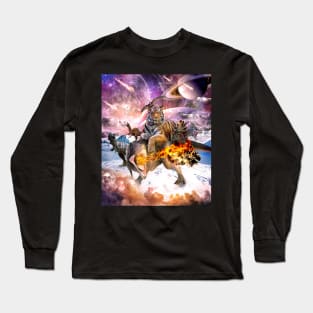 Big Cat Tiger Riding Dinosaur In Space Long Sleeve T-Shirt